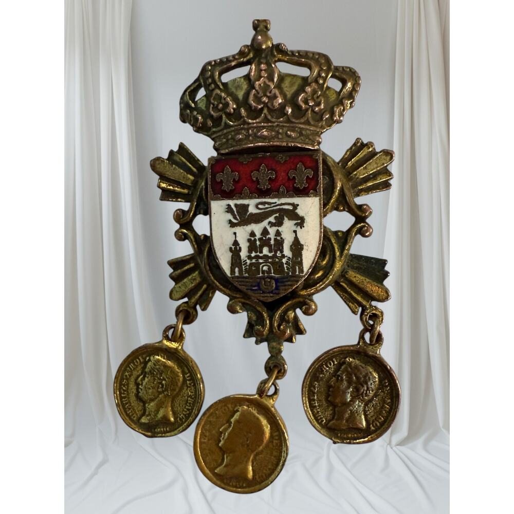 Antique Heraldic Crown Brooch Enamel Coat of Arms w Dangling Medals c1890